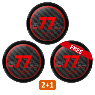 Set of 2+1 nicotine pouches of brand 77 with cola flavor with mint.