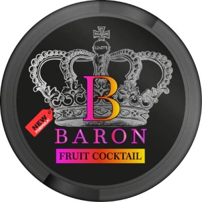 20 egzotycznych woreczków nikotynowych Baron Fruit Cocktail 77 mg/g, duża moc nikotyny zawarta w aromacie owocowego koktajlu.